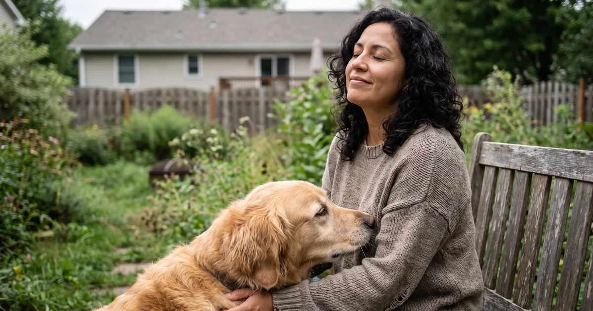 A woman closes her eyes and relaxes with her golden retriever in a lush backyard garden, easing physical anxiety symptoms like muscle tension in Maple Grove, MN.