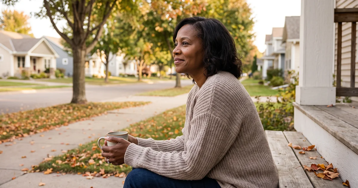 A woman sits thoughtfully on her porch steps with a warm mug on a golden autumn morning, reflecting on her mood history amid bipolar versus major depression in Maple Grove, MN.