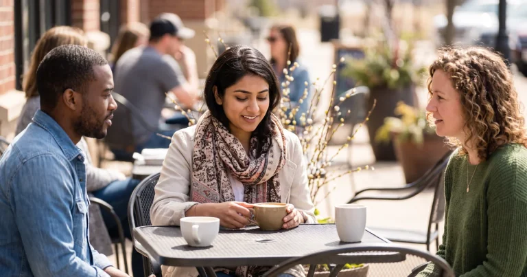 Three friends gather over coffee at an outdoor cafe table in early spring, comparing everyday worry with OCD intrusive thoughts in Maple Grove, MN.