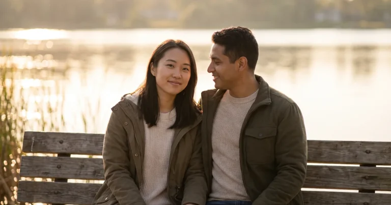 Home 6 A couple shares a warm smile on a lakeside bench at sunset, reconnecting after starting SPRAVATO for depression in Maple Grove, MN.