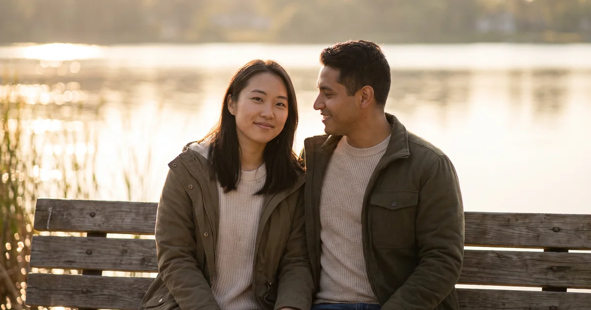 A couple shares a warm smile on a lakeside bench at sunset, reconnecting after starting SPRAVATO for depression in Maple Grove, MN.