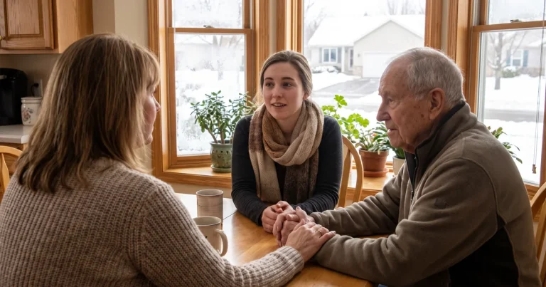 Three generations of a family hold hands around a kitchen table on a snowy day, offering caring support to a loved one facing suicidal thoughts in Maple Grove, MN.